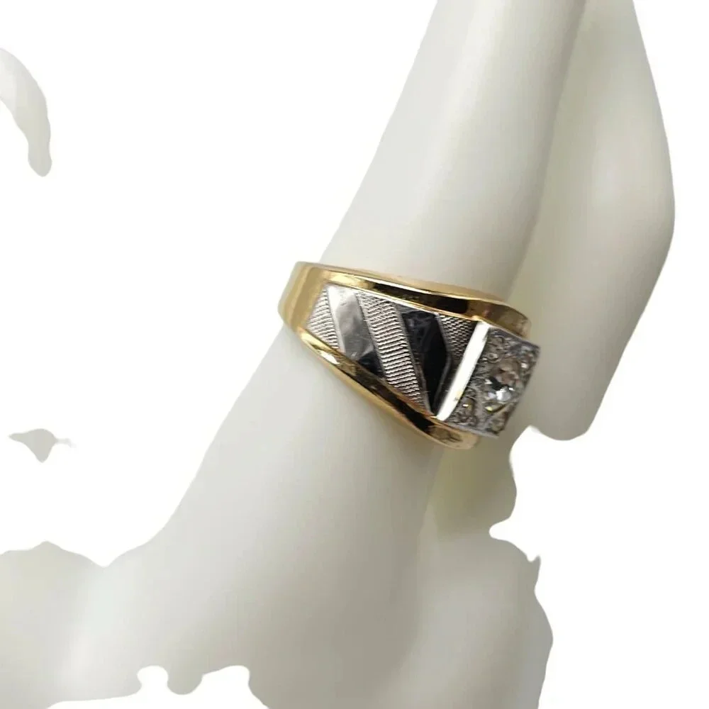 Uncas 18k Gold Plated Two-Tone Textured Clear Rhinestone Zircon Ring Size 9